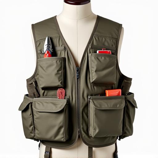 A fishing vest with multiple pockets and tools.