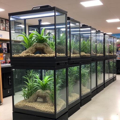 Several stacked reptile terrariums of different sizes.