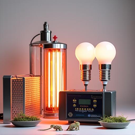 A collection of heat lamps, UVB bulbs, and a digital thermostat.